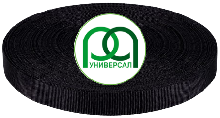 Рулон чёрной тесьмы с логотипом компании Универсал
